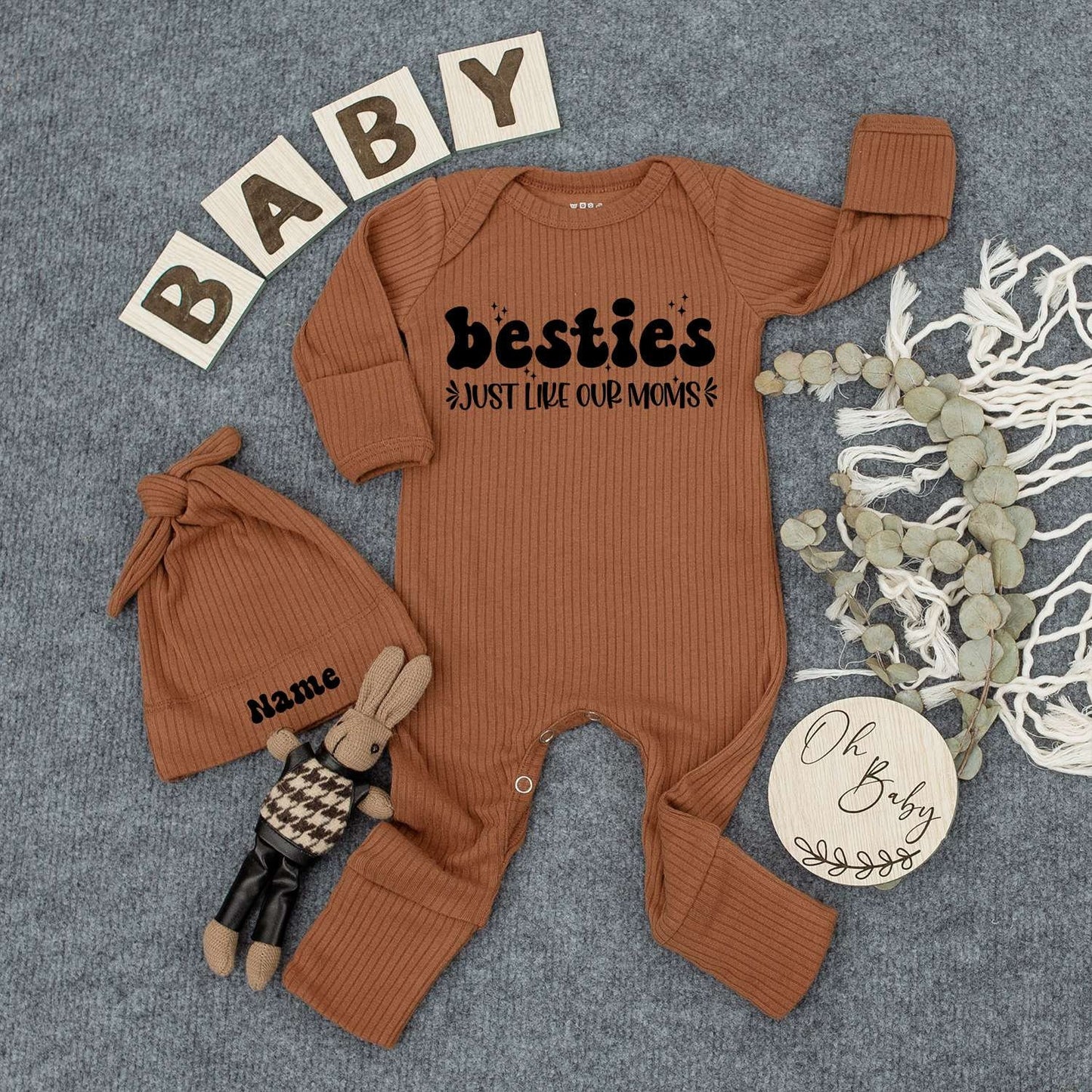 Besties Just Like Our Moms Bodysuit & Hat Set Cute Baby Outfit for Newborns and Infants a Sweet Matching Gift for Girls and Boys