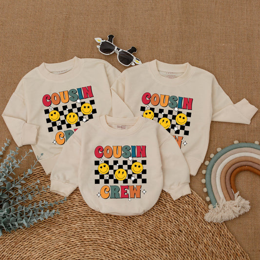 Cousin Crew Retro Smiley Face Baby Bodysuit Colorful Checkered Pattern Vintage Infant Romper Matching Family Reunion Outfit Playful Cool Cousins Club Announcement Clothes