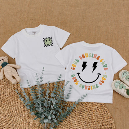 Cool Cousins Club Matching Outfits with Smiley Face Lightning Bolt Design, Fun Romper Bodysuit & T-Shirt for Kids Family Reunion