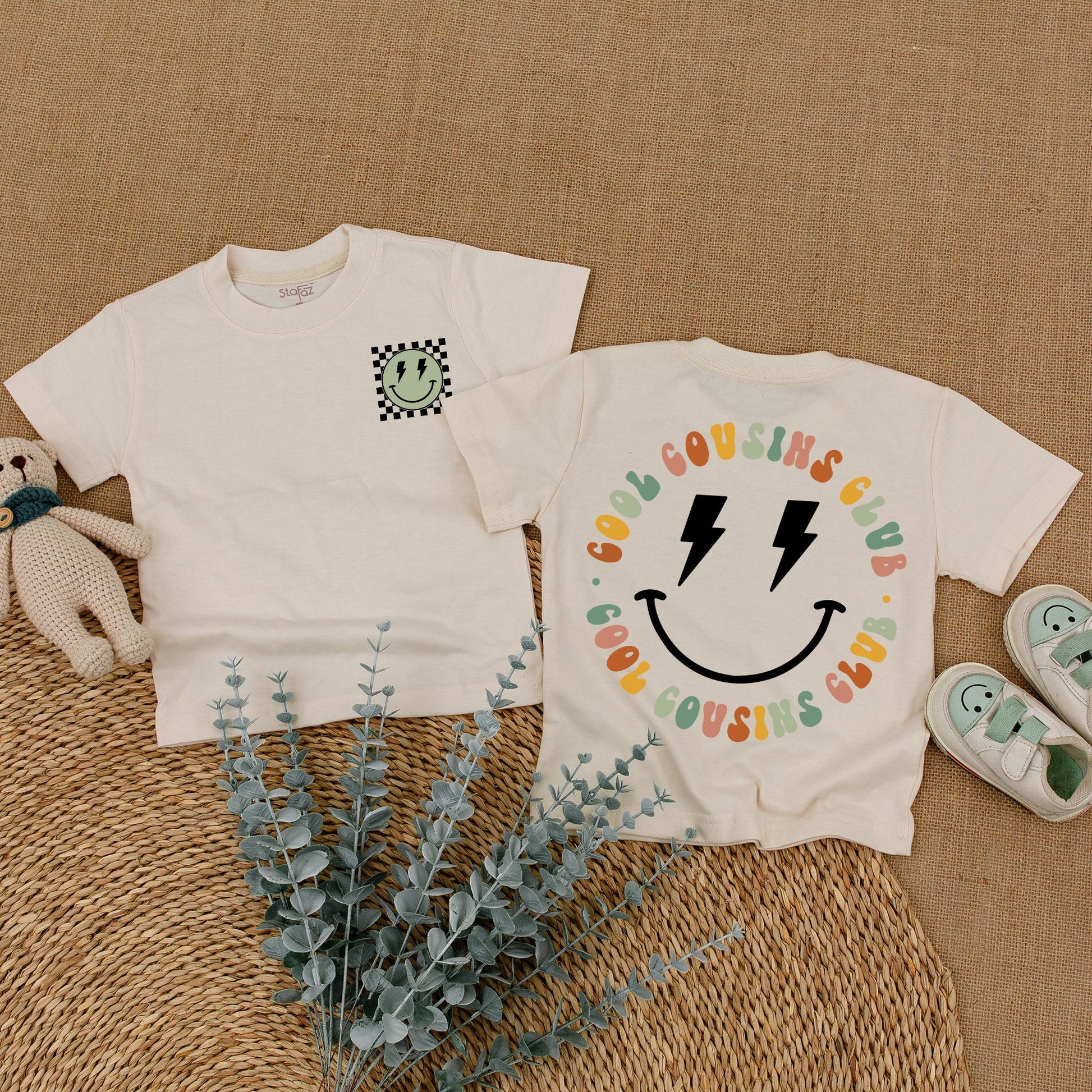 Cool Cousins Club Matching Outfits with Smiley Face Lightning Bolt Design, Fun Romper Bodysuit & T-Shirt for Kids Family Reunion