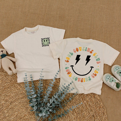 Cool Cousins Club Matching Outfits with Smiley Face Lightning Bolt Design, Fun Romper Bodysuit & T-Shirt for Kids Family Reunion