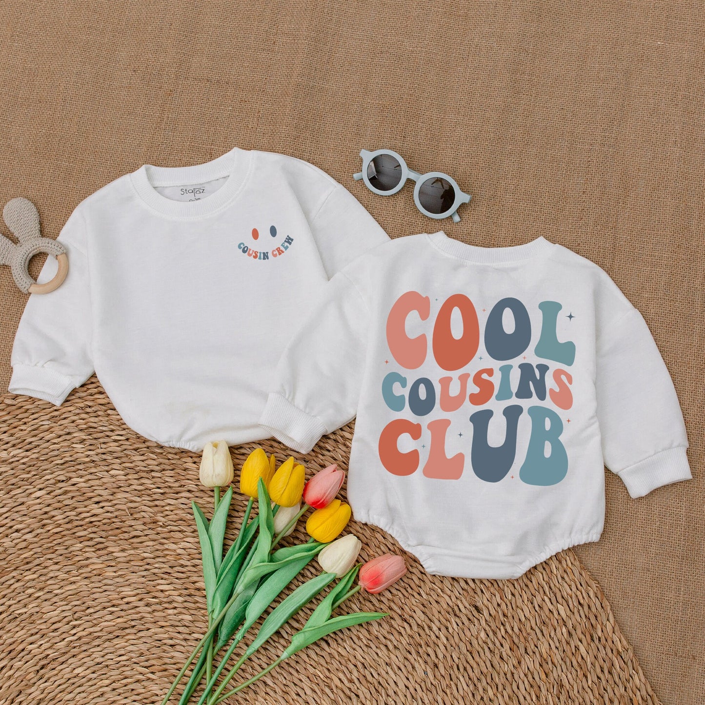 Cool Cousins Club Romper Bodysuit for Baby Girls Boys, Playful Smiley Face Cousin Crew Outfit, Soft Cotton Retro Family Reunion Matching Clothes