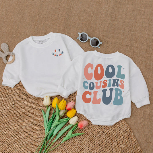 Cool Cousins Club Romper Bodysuit for Baby Girls Boys, Playful Smiley Face Cousin Crew Outfit, Soft Cotton Retro Family Reunion Matching Clothes