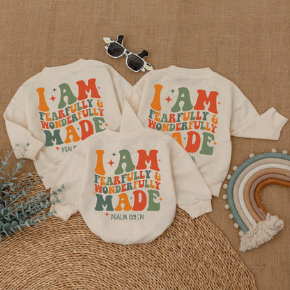 Wonderfully Made Christian Baby Romper, Religious Bodysuit, Psalm 139:14 Toddler Sweatshirt, Sun & Stars, Cute Faith Shirt, Baby Shower Gift, Orange & Green
