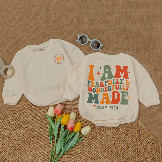 Wonderfully Made Christian Baby Romper, Religious Bodysuit, Psalm 139:14 Toddler Sweatshirt, Sun & Stars, Cute Faith Shirt, Baby Shower Gift, Orange & Green