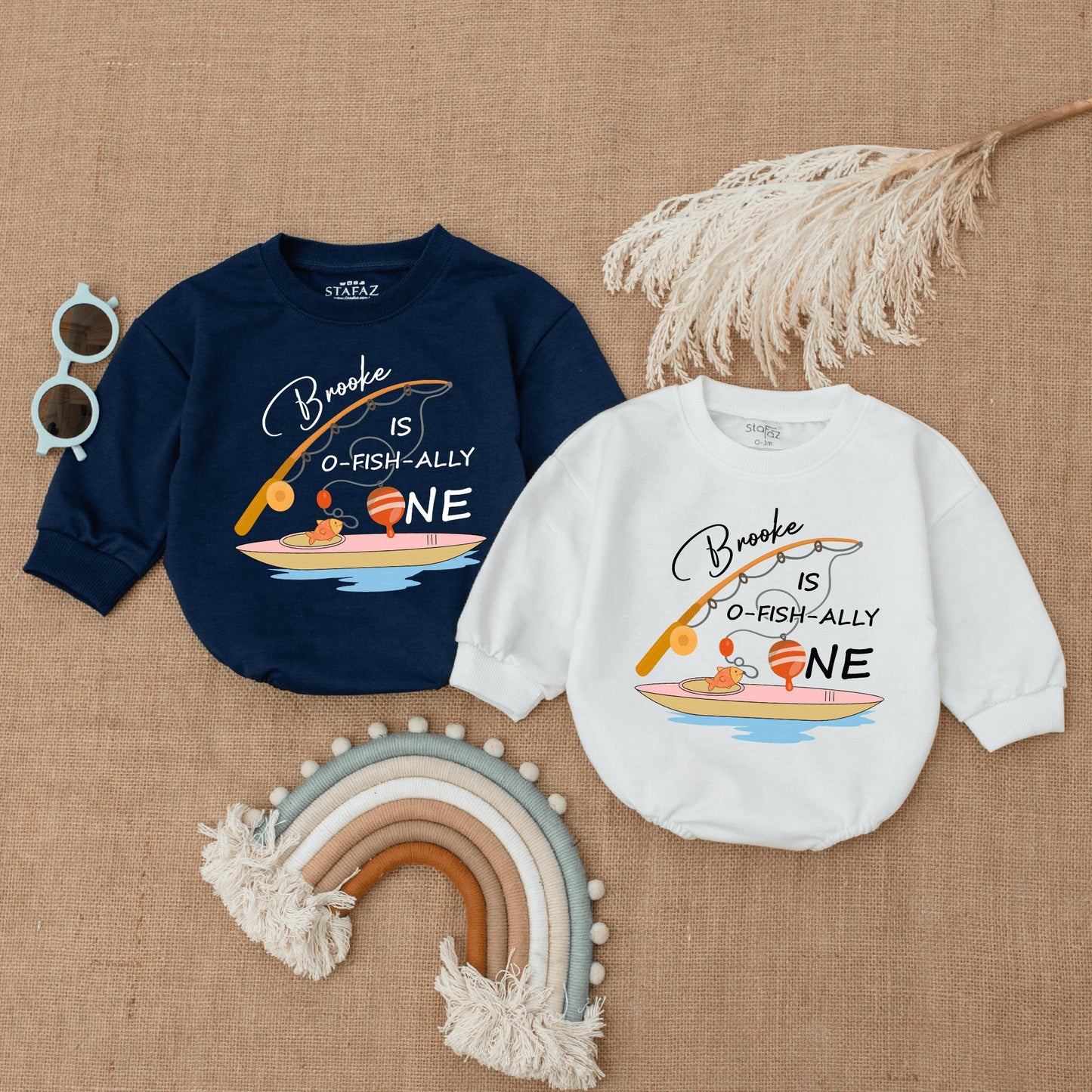 Ofishally One First Birthday Bubble Romper Baby Bodysuit 1st Birthday Outfit Baby Boy Summer Clothes Custom Fishing Theme