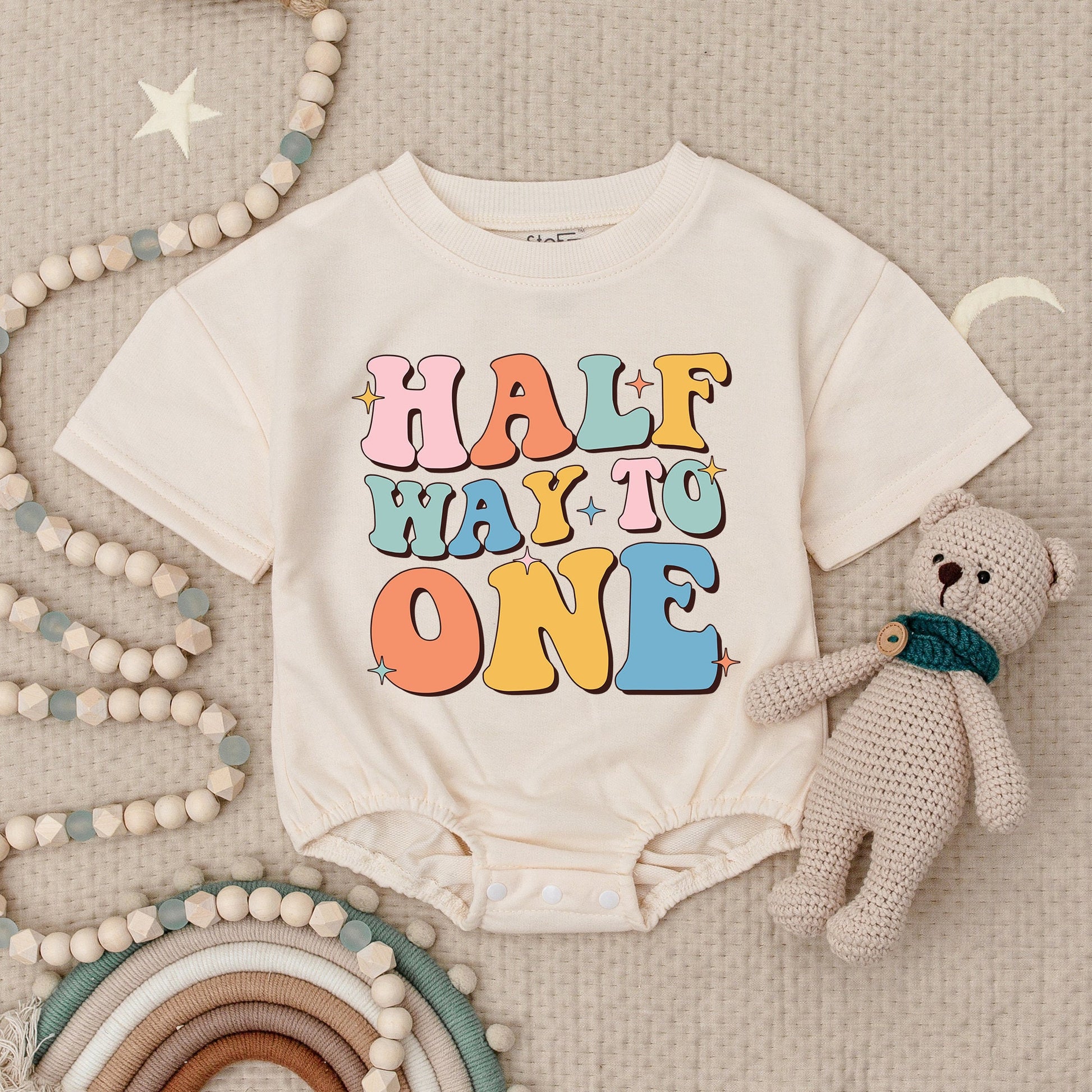 Half Way To One Birthday Girl Romper Playful Retro Pink Orange Yellow Blue Star Design 1/2 Birthday Outfit Baby Girl Bodysuit Infant