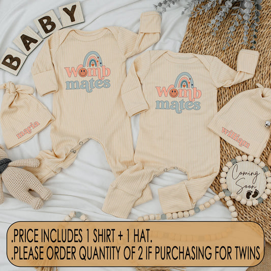Twin Womb Mates Newborn Baby Bodysuit & Hat Set Retro Peach Teal Rainbow Design Funny Best Friends Matching Outfit Coming Home Gift Whimsical Vintage