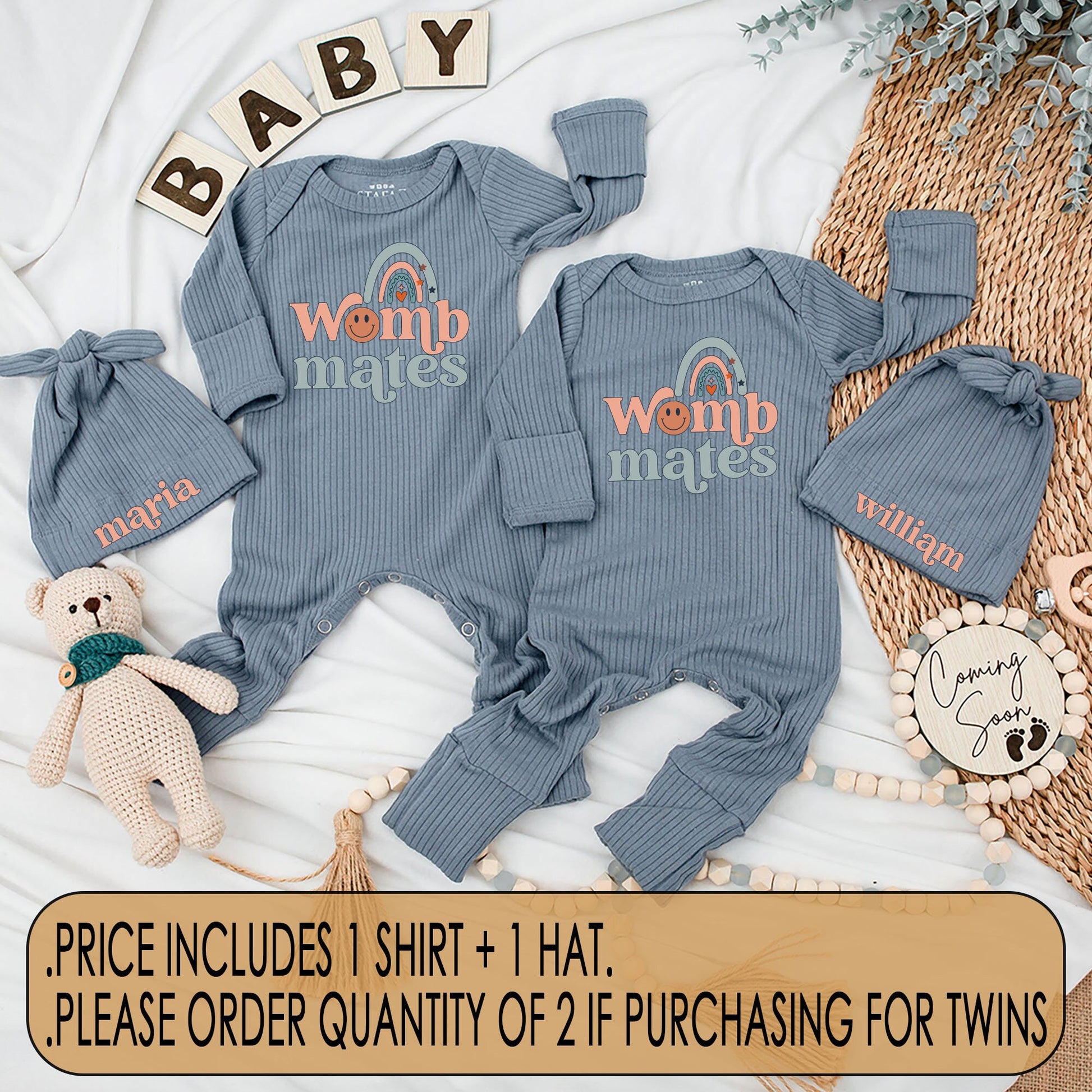 Twin Womb Mates Newborn Baby Bodysuit & Hat Set Retro Peach Teal Rainbow Design Funny Best Friends Matching Outfit Coming Home Gift Whimsical Vintage