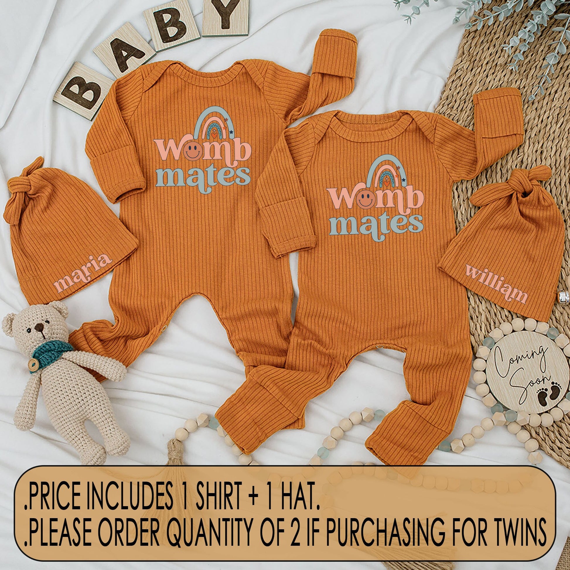 Twin Womb Mates Newborn Baby Bodysuit & Hat Set Retro Peach Teal Rainbow Design Funny Best Friends Matching Outfit Coming Home Gift Whimsical Vintage