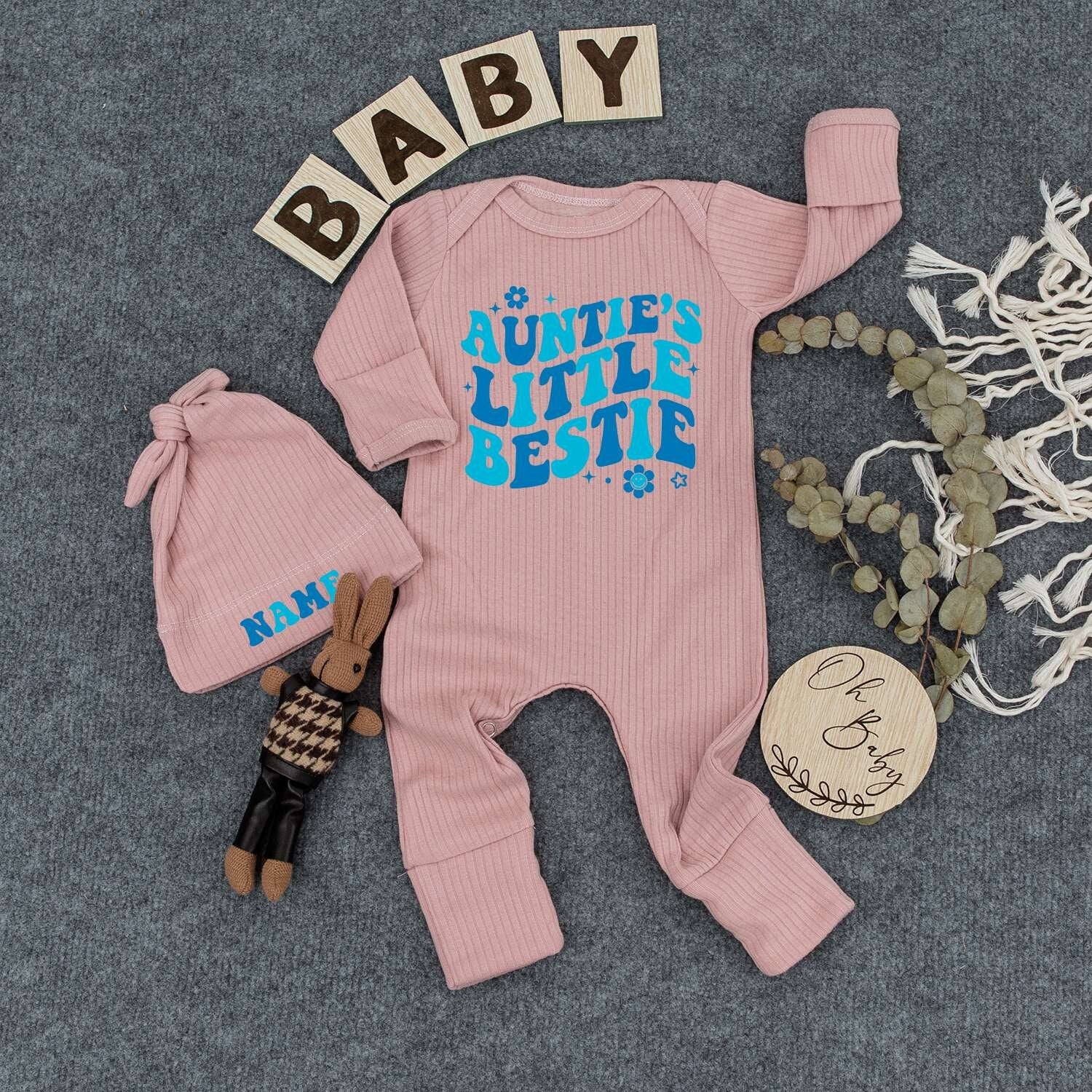 Auntie’s Little Bestie Retro Blue Gradient Bodysuit & Hat Set for Baby Newborn Boy or Girl 70s Vibes