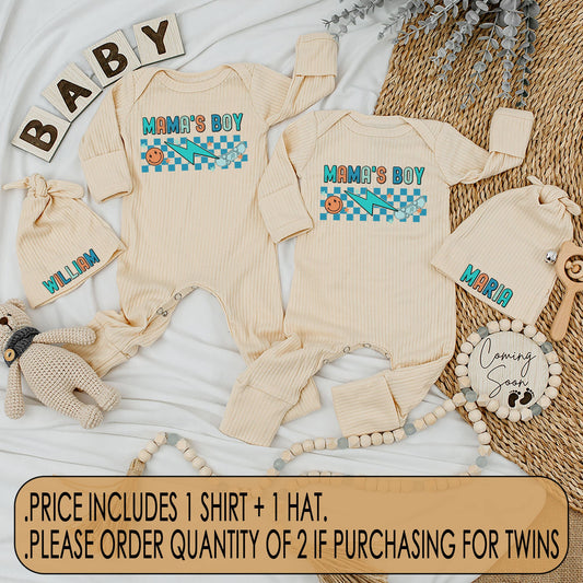 Mama's Boy Twins Retro Bodysuit and Hat Set Newborn Baby Coming Home Gift Blue Checkered Smiley Face Skateboard Teal Orange Outfit