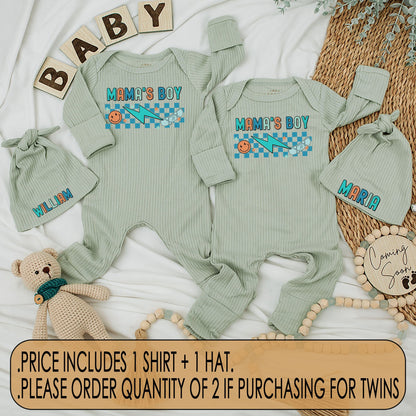 Mama's Boy Twins Retro Bodysuit and Hat Set Newborn Baby Coming Home Gift Blue Checkered Smiley Face Skateboard Teal Orange Outfit