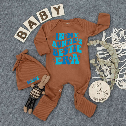 In My Auntie's Bestie Era Bodysuit Hat Set, Blue Retro Baby Outfit, Custom Name Newborn Gift, Cute Infant Boy Girl Clothes, Pregnancy Reveal 138 chars