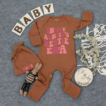 In My Auntie's Bestie Era Bodysuit Retro Pink Floral Personalized Hat Newborn Baby Girl Cute Shower Gift Outfit with Bubbly Stars