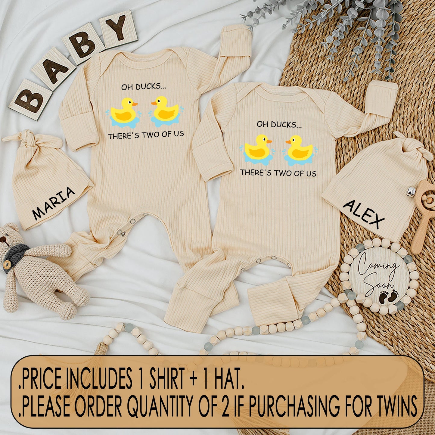 Funny Twin Baby Bodysuit & Hat Set Oh Ducks There's Two Of Us Yellow Rubber Duck Design Cute Whimsical Newborn Romper Matching Coming Home Outfit
