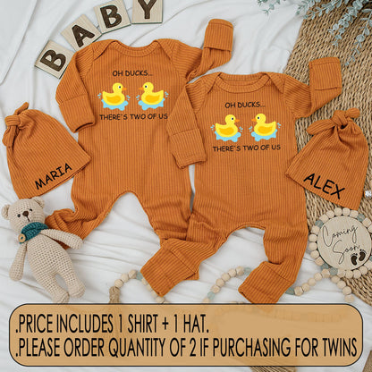 Funny Twin Baby Bodysuit & Hat Set Oh Ducks There's Two Of Us Yellow Rubber Duck Design Cute Whimsical Newborn Romper Matching Coming Home Outfit