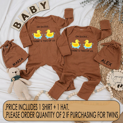 Funny Twin Baby Bodysuit & Hat Set Oh Ducks There's Two Of Us Yellow Rubber Duck Design Cute Whimsical Newborn Romper Matching Coming Home Outfit