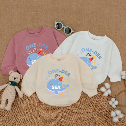Oneder The Sea Whale Birthday Baby Bubble Romper Ocean Smash Cake Outfit Cheerful Cartoon Party Hat Design Baby Shower Gift