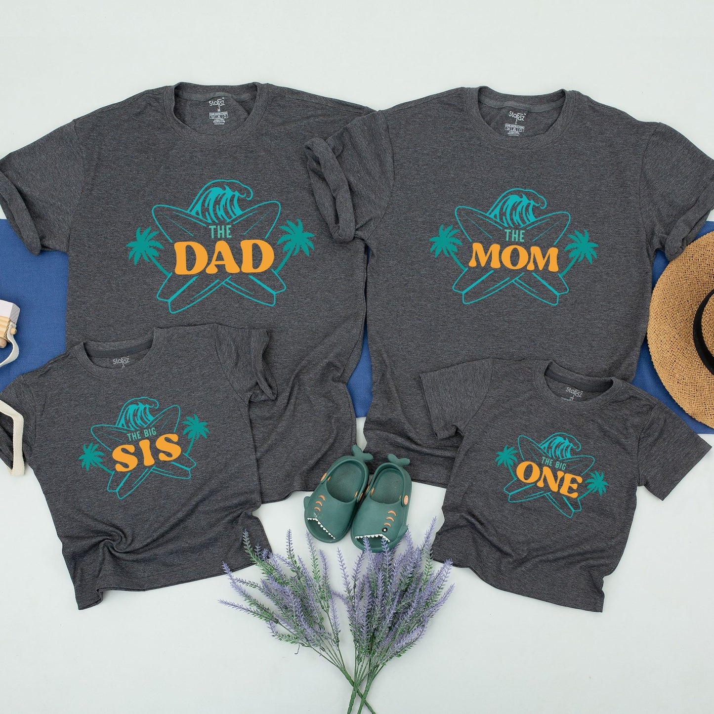 Matching Family Surf Birthday Shirts for The Big One First Birthday featuring a cool teal wave and golden palm trees perfect beach party tees