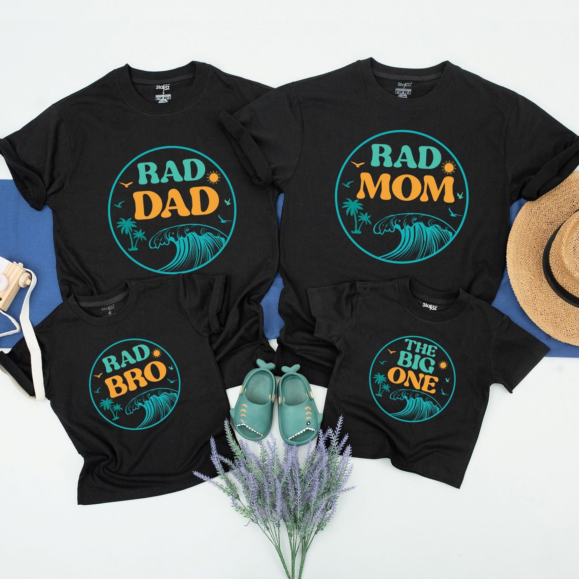 Playful Matching Surf Family Birthday Shirts with Rad Dad Mom Bro The Big One Designs, Teal Wave Palm Tree Summer Party Celebration Outfits