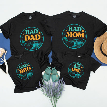 Playful Matching Surf Family Birthday Shirts with Rad Dad Mom Bro The Big One Designs, Teal Wave Palm Tree Summer Party Celebration Outfits
