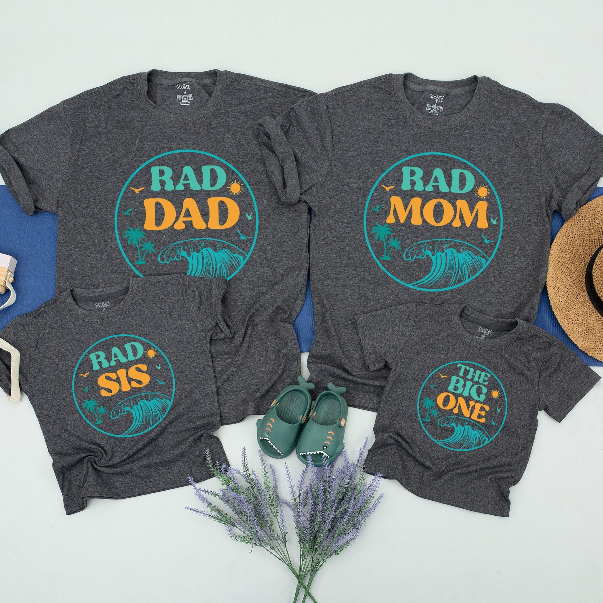 Playful Matching Surf Family Birthday Shirts with Rad Dad Mom Bro The Big One Designs, Teal Wave Palm Tree Summer Party Celebration Outfits