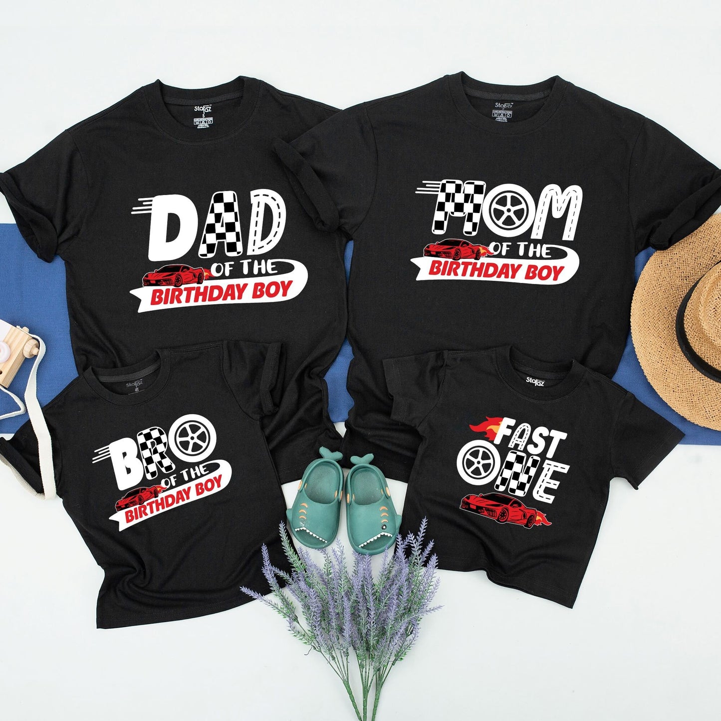 Fast One Birthday Family Matching Race Car Shirts for 1st Birthday Boy Party Outfit Red Flame Checkered Flag Soft Cotton Celebration Tee