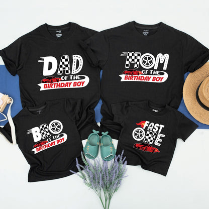 Fast One Birthday Family Matching Race Car Shirts for 1st Birthday Boy Party Outfit Red Flame Checkered Flag Soft Cotton Celebration Tee