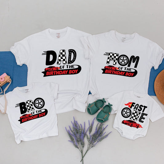 Fast One Birthday Family Matching Race Car Shirts for 1st Birthday Boy Party Outfit Red Flame Checkered Flag Soft Cotton Celebration Tee