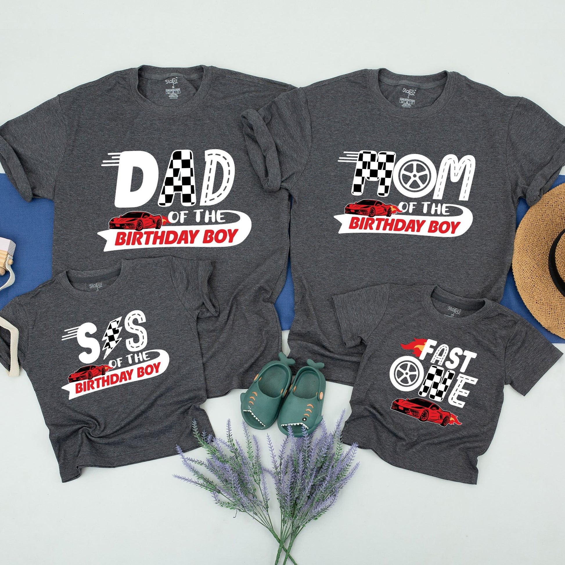 Fast One Birthday Family Matching Race Car Shirts for 1st Birthday Boy Party Outfit Red Flame Checkered Flag Soft Cotton Celebration Tee