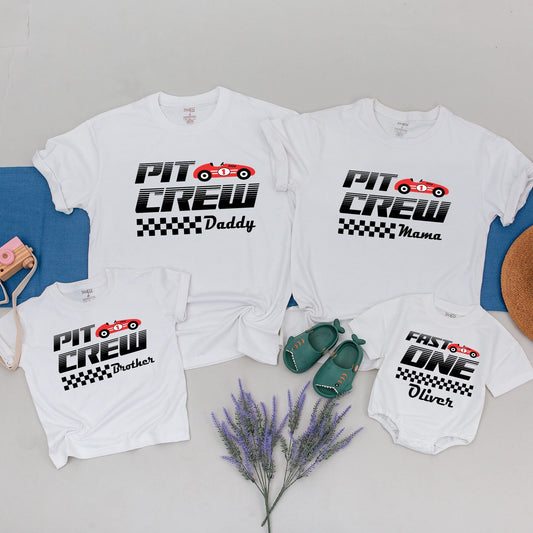 Personalized Fast One 1st Birthday Matching Family Race Car Shirts Red Pit Crew Checkered Flag Boy Toddler Birthday Party Outfit Comfortable Cotton