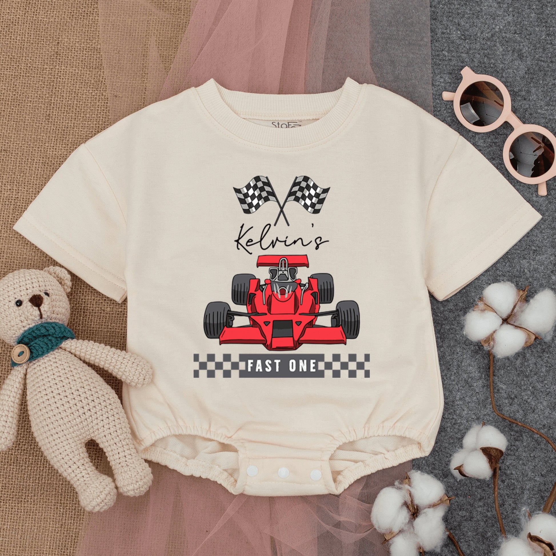 Personalized Race Car Fast One Baby Boy Short Sleeve Romper Outfit Custom Name First Birthday Checkered Flags Red Car 1st Celebration