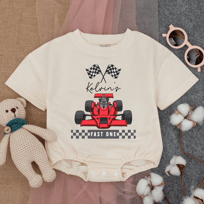 Personalized Race Car Fast One Baby Boy Short Sleeve Romper Outfit Custom Name First Birthday Checkered Flags Red Car 1st Celebration