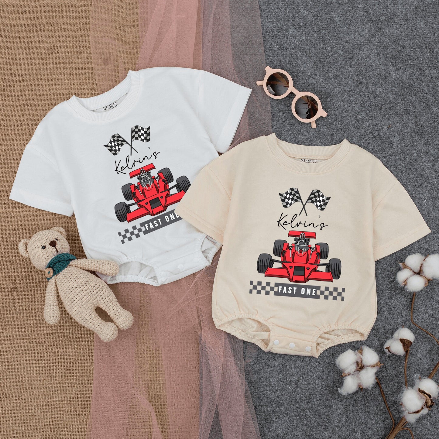 Personalized Race Car Fast One Baby Boy Short Sleeve Romper Outfit Custom Name First Birthday Checkered Flags Red Car 1st Celebration