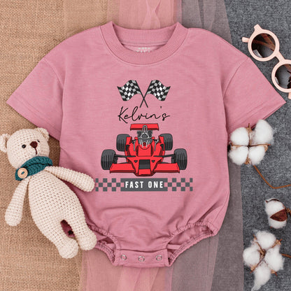 Personalized Race Car Fast One Baby Boy Short Sleeve Romper Outfit Custom Name First Birthday Checkered Flags Red Car 1st Celebration