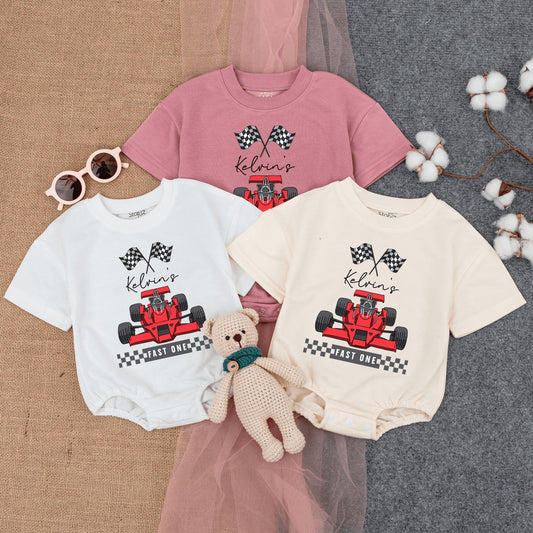 Personalized Race Car Fast One Baby Boy Short Sleeve Romper Outfit Custom Name First Birthday Checkered Flags Red Car 1st Celebration
