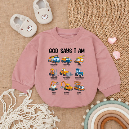 God Says I Am Christian Baby Bodysuit with Construction Vehicles Gender Reveal Baby Shower Gift Religious Keepsake Baptism Bubble Romper