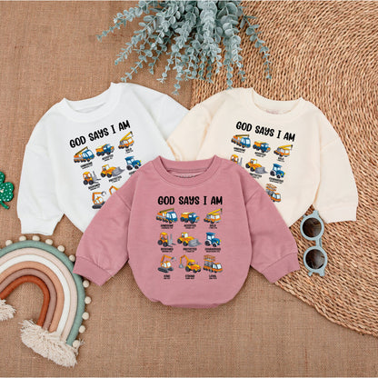 God Says I Am Christian Baby Bodysuit with Construction Vehicles Gender Reveal Baby Shower Gift Religious Keepsake Baptism Bubble Romper