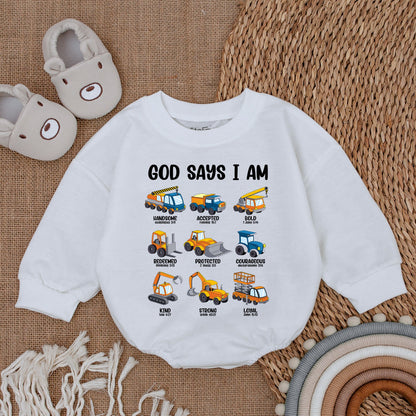 God Says I Am Christian Baby Bodysuit with Construction Vehicles Gender Reveal Baby Shower Gift Religious Keepsake Baptism Bubble Romper