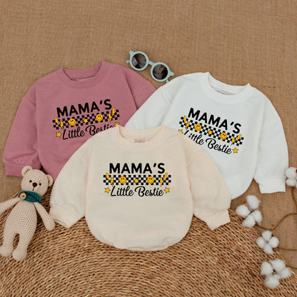 Mama's Little Bestie Retro Baby Bubble Romper Bodysuit Smiley Face Checkerboard Newborn Outfit Soft Cotton Mother's Day Gift