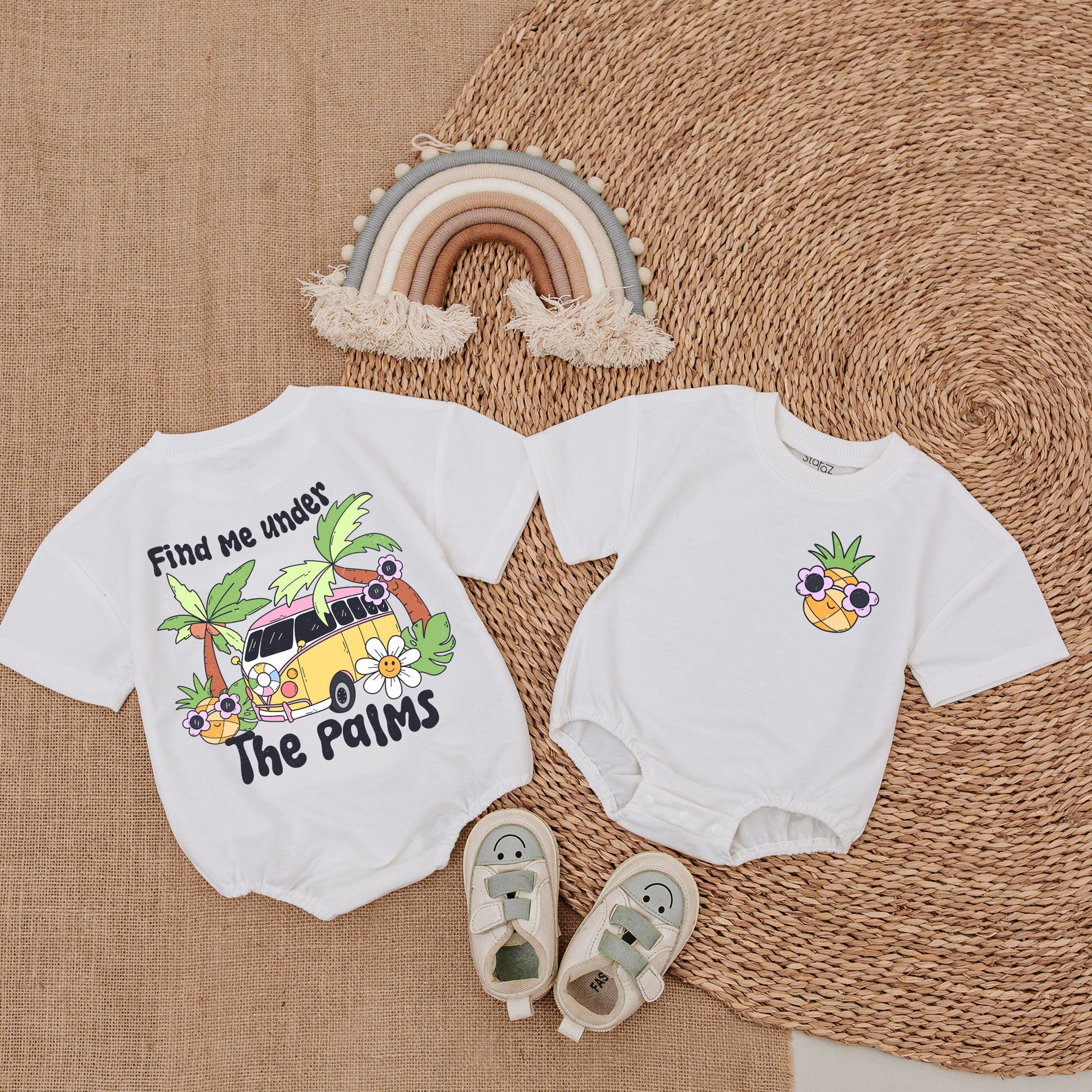 Find Me Under The Palms Bubble Romper Baby Girl Summer Boho Outfit with Smiling Flower Faces Soft Comfortable New Baby Gift
