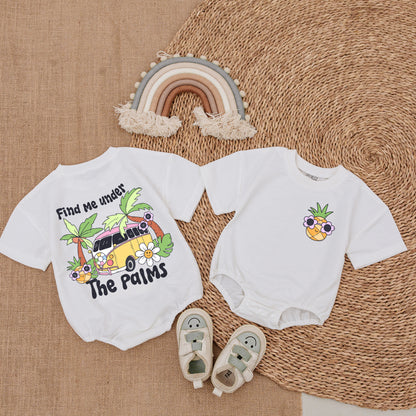 Find Me Under The Palms Bubble Romper Baby Girl Summer Boho Outfit with Smiling Flower Faces Soft Comfortable New Baby Gift