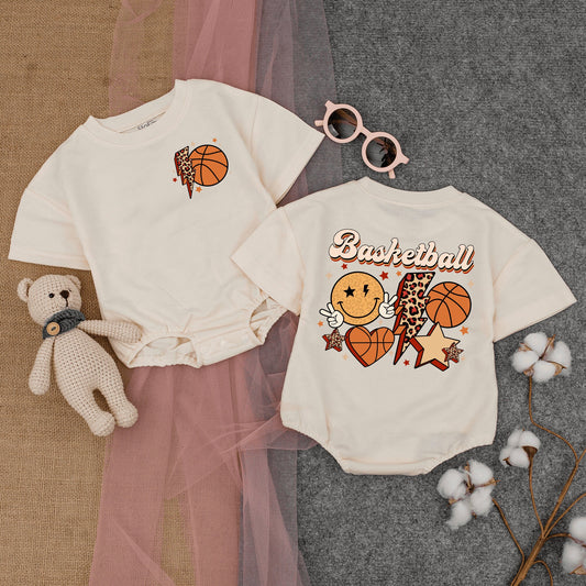 Retro Basketball Baby Romper Short Sleeve, Game Day Star Outfit with Lightning Bolt, Basketballs & Smiley Face, Soft Cotton Infant Clothes 138