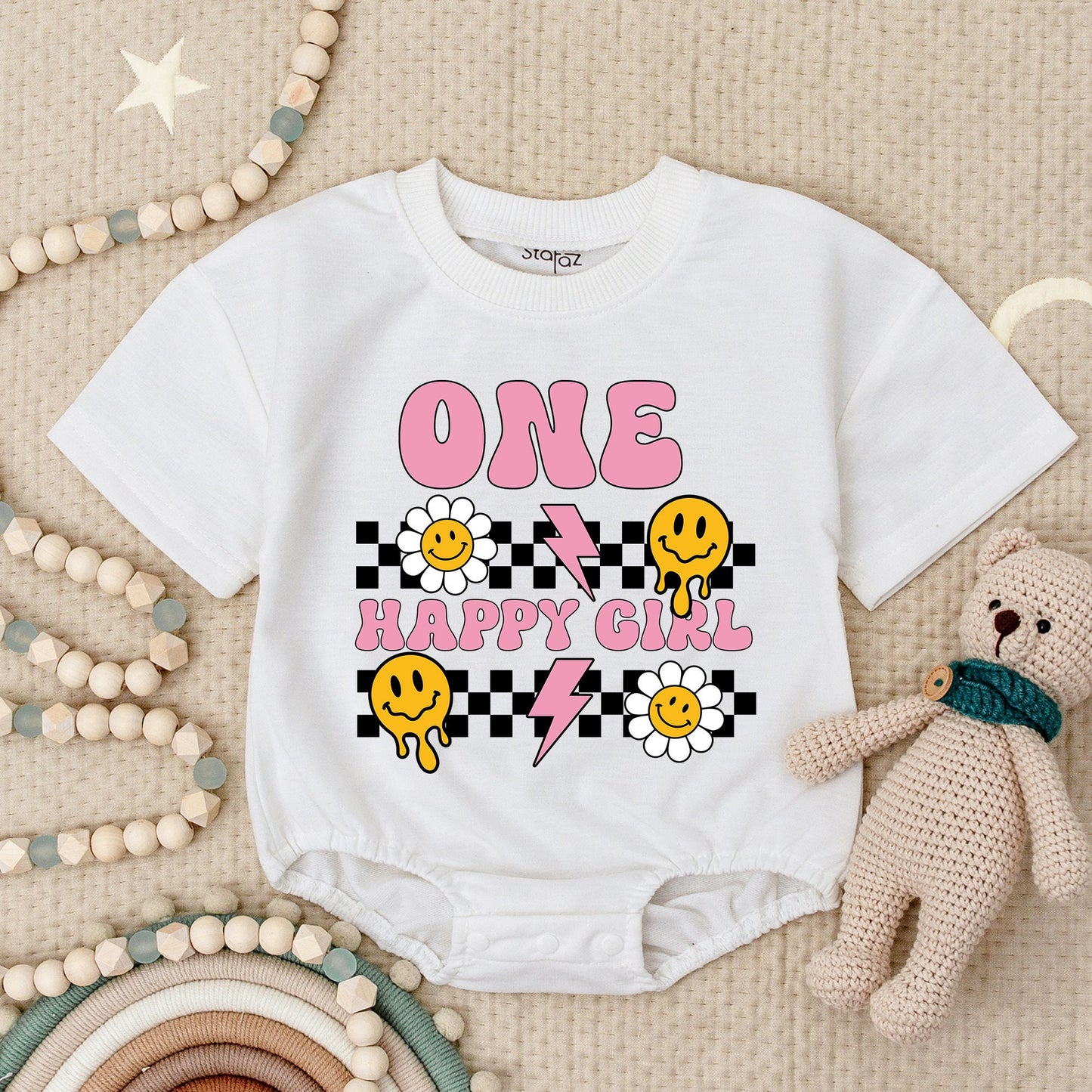 One Happy Girl Baby Romper Retro Smiley Face 1st Birthday Outfit Vintage Smile Birthday Gift Toddler Clothes