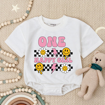 One Happy Girl Baby Romper Retro Smiley Face 1st Birthday Outfit Vintage Smile Birthday Gift Toddler Clothes