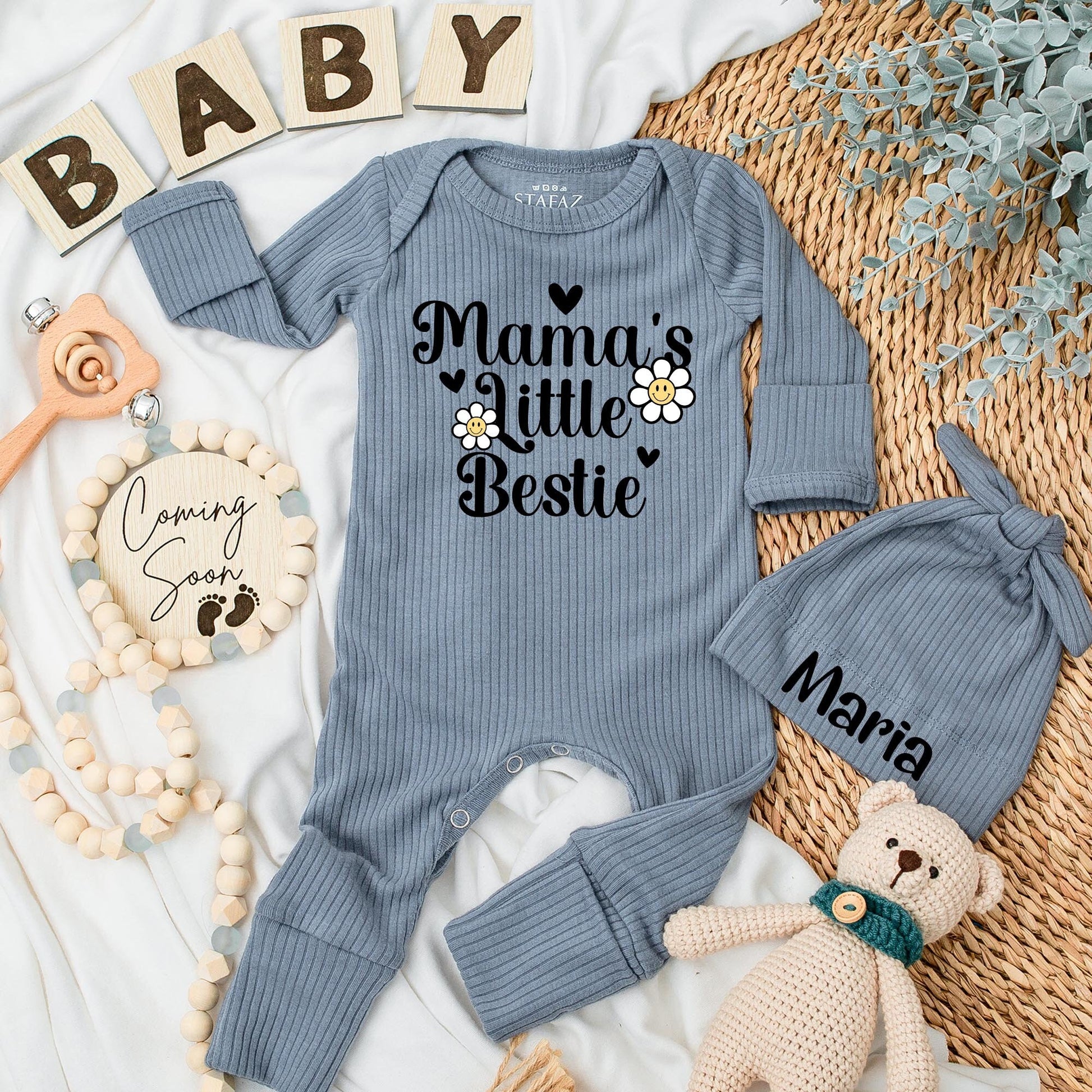 Mama's Little Bestie Bodysuit Set - Cute Baby Clothes, Retro Boho Style with Smiley Daisies and Hearts, Perfect Newborn Romper & Baby Shower Gift 137 chars
