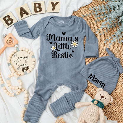 Mama's Little Bestie Bodysuit Set - Cute Baby Clothes, Retro Boho Style with Smiley Daisies and Hearts, Perfect Newborn Romper & Baby Shower Gift 137 chars
