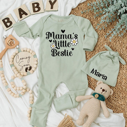 Mama's Little Bestie Bodysuit Set - Cute Baby Clothes, Retro Boho Style with Smiley Daisies and Hearts, Perfect Newborn Romper & Baby Shower Gift 137 chars