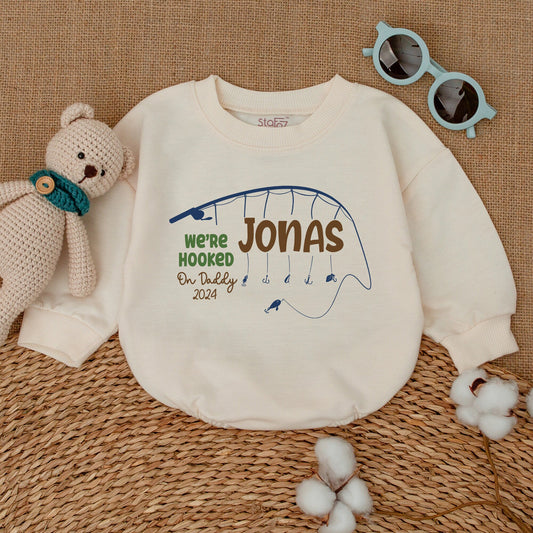 Personalized Hooked on Daddy Twins Father's Day Romper Bodysuit with Fishing Rod Navy Green Design Newborn Infant Baby Gift
